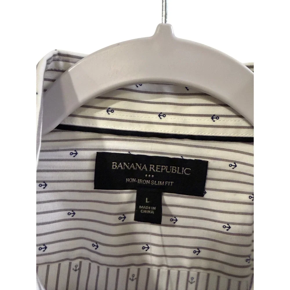 Banana Republic Mens Non-Iron Slim Fit Anchor Stripe Button Down Shirt White‎ L